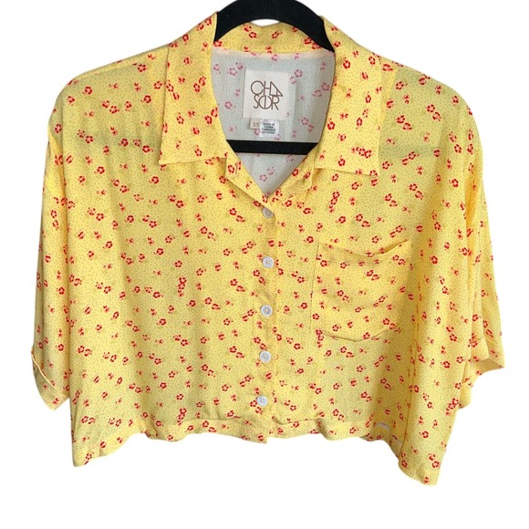 CHASER Kinney Button-Down Bright Yellow Floral Print Crop‎ Top Size XS - Picture 3 of 7